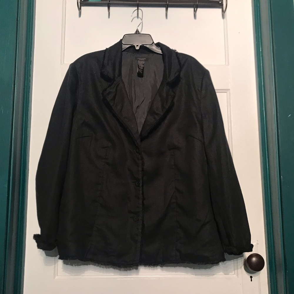 Anne Carson 100% Linen Black Blazer Frayed Fringe Detail